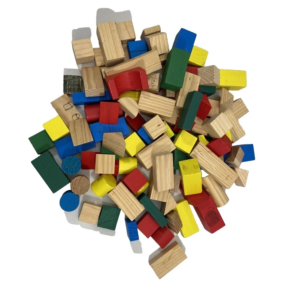 Wooden Building Blocks Set of 100 Various Colors and Shapes and Storage Canister